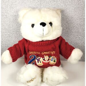 Vintage 2000 Christmas Teddy Bear Plush White Polar Knit Embroidered Sweater